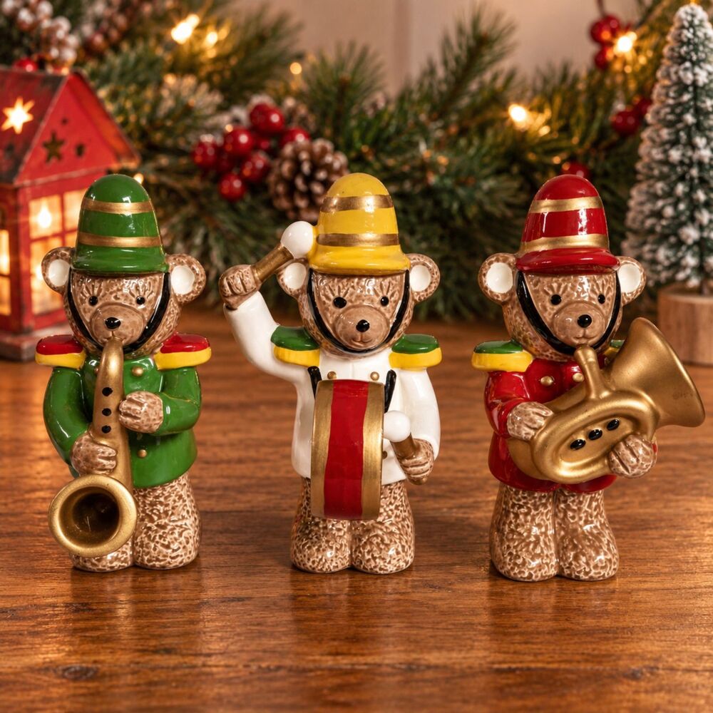 Vintage Christmas Bear Band Figurines Set of 3 Ceramic Musician Holiday Decor